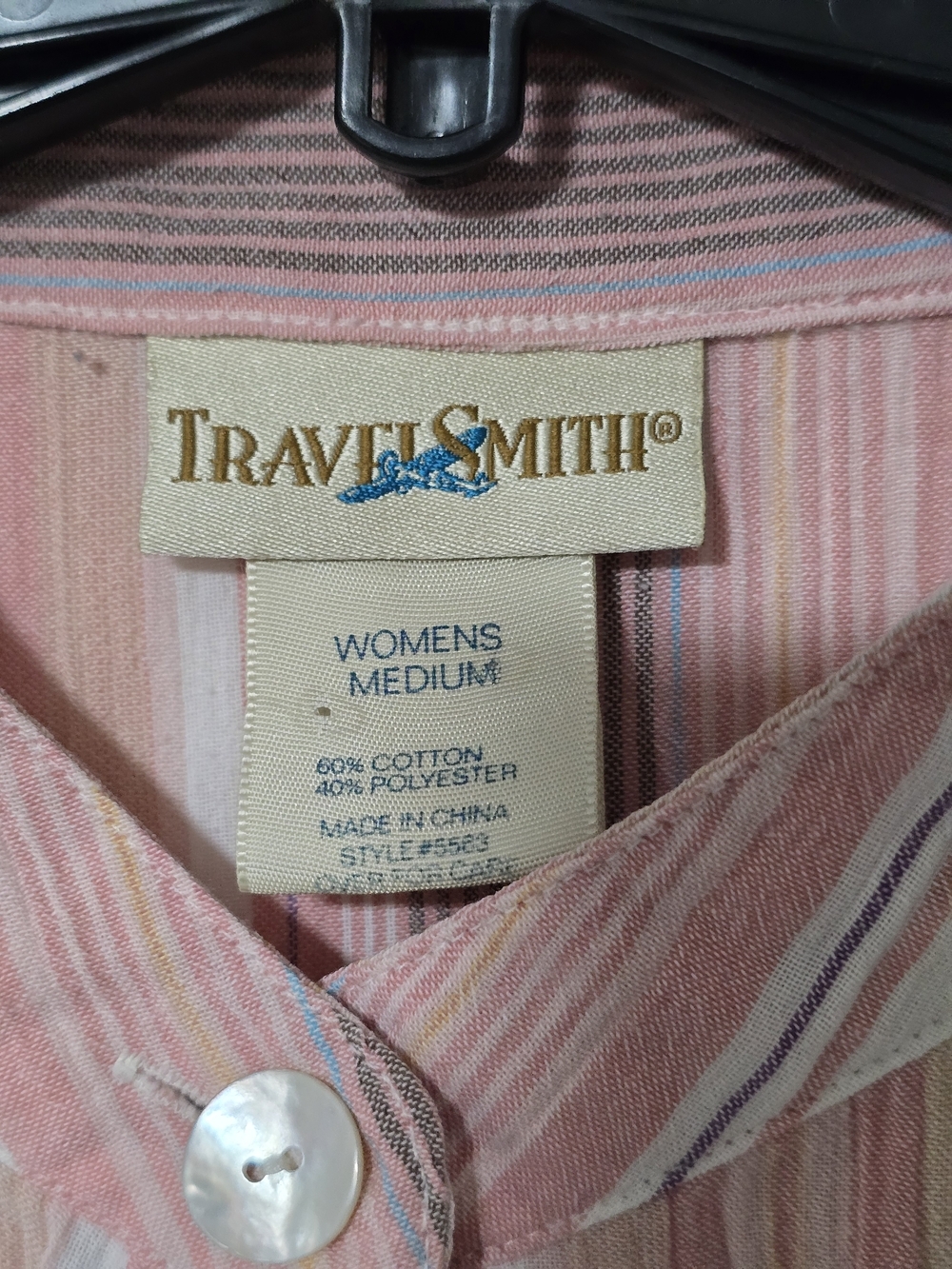 TravelSmith Pink & Cream Striped Mandarin-Collar Blouse - Picture 4 of 7